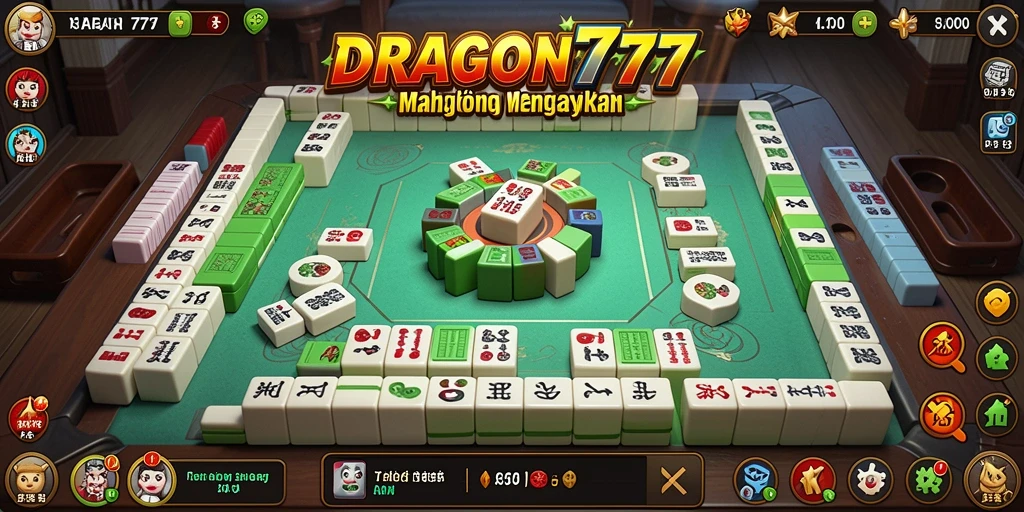Screenshot gameplay DRAGON777 menampilkan ubin Mahjong yang berwarna-warni.