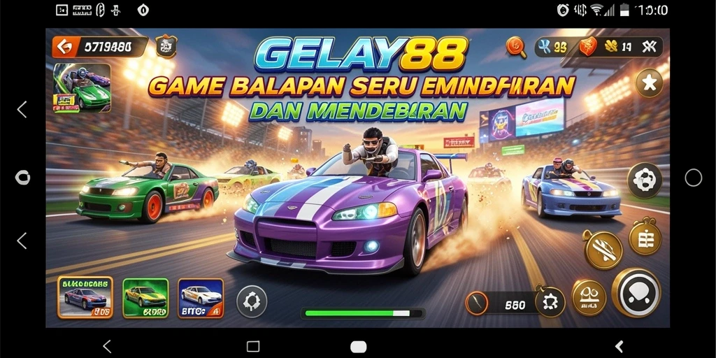 Tangkapan layar menampilkan aksi balapan yang mendebarkan di GELAY88.