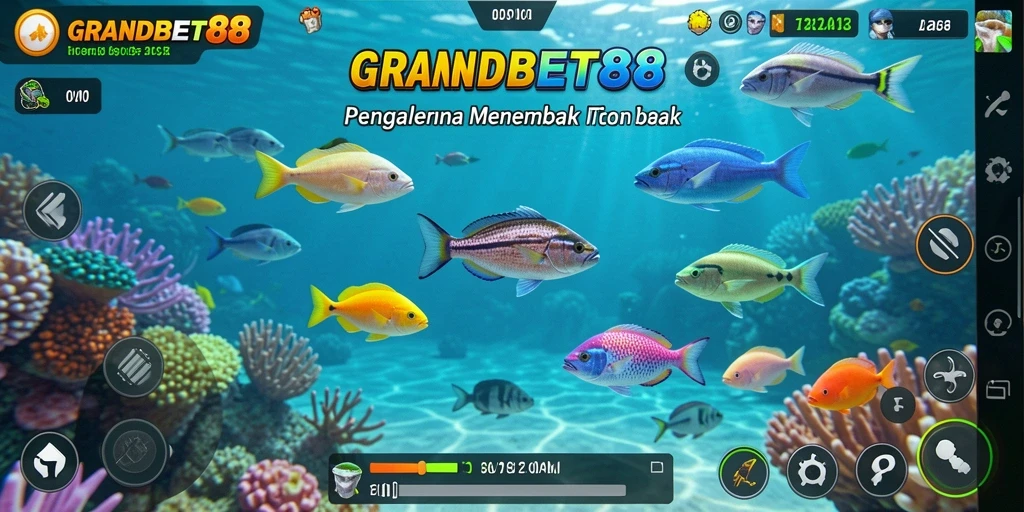 Screenshot GRANDBET88 memperlihatkan serunya menembak ikan di laut yang indah.